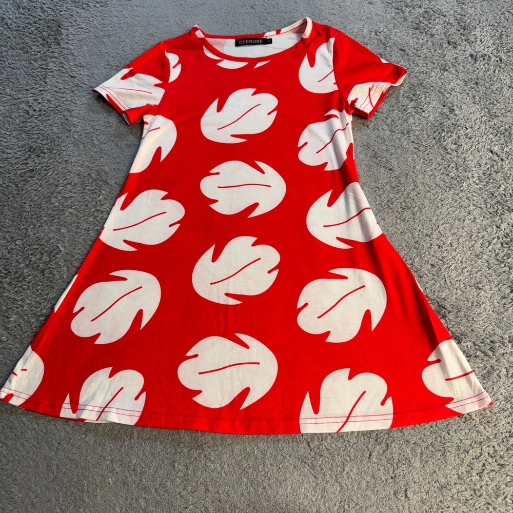 Deerose Women Red White Tropical Leaf Print A-Line T-Shirt Dress Size L Stretch